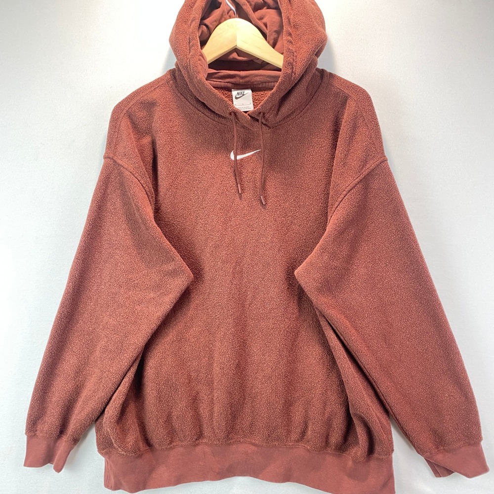 Nike Center Swoosh Textured Fleece Hoodie Mens M Brown Pullover Relaxed Fit